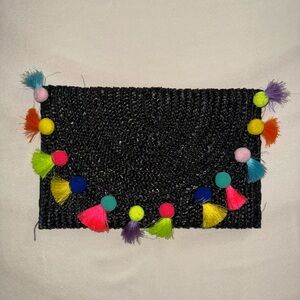 Summer woven handheld clutch, Black solid, with colorful fabric ball accents.